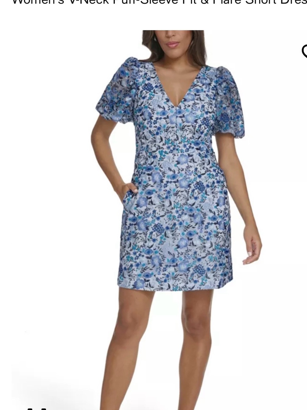 Eliza J Blue Floral V-Neck Puff Sleeve Mini Dress